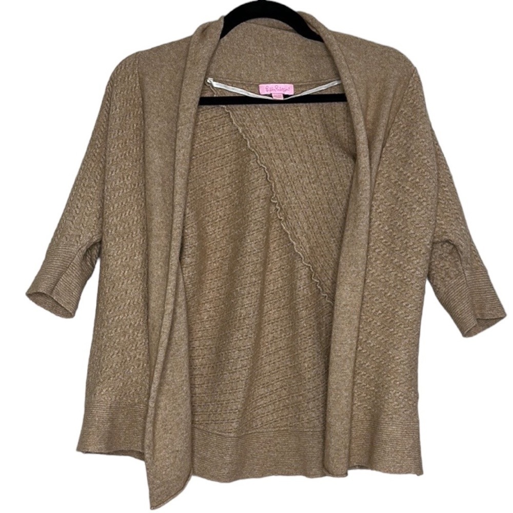 LILLY PULITZER Tan Cable Knit Open Front Shortsleeve Cardigan